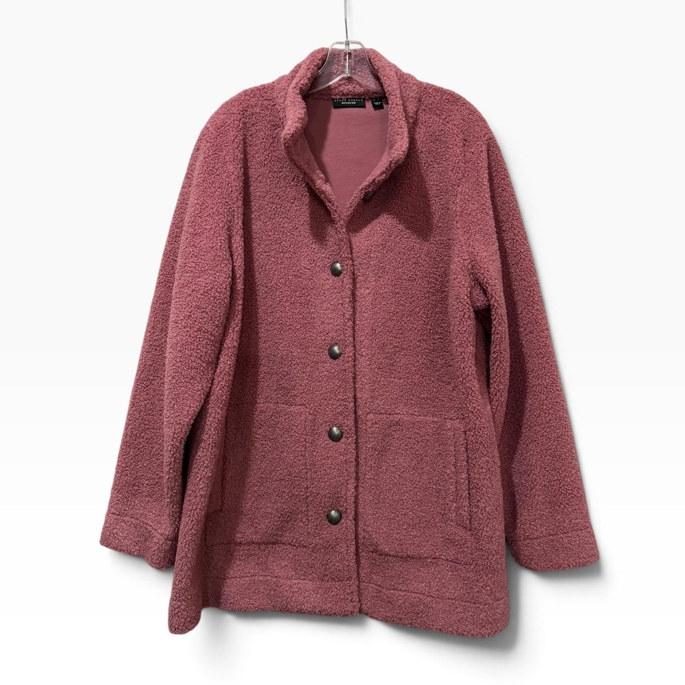 Susan Graver Weekend Rose Pink Sherpa Fleece Button Front Jacket XL Pocketed
